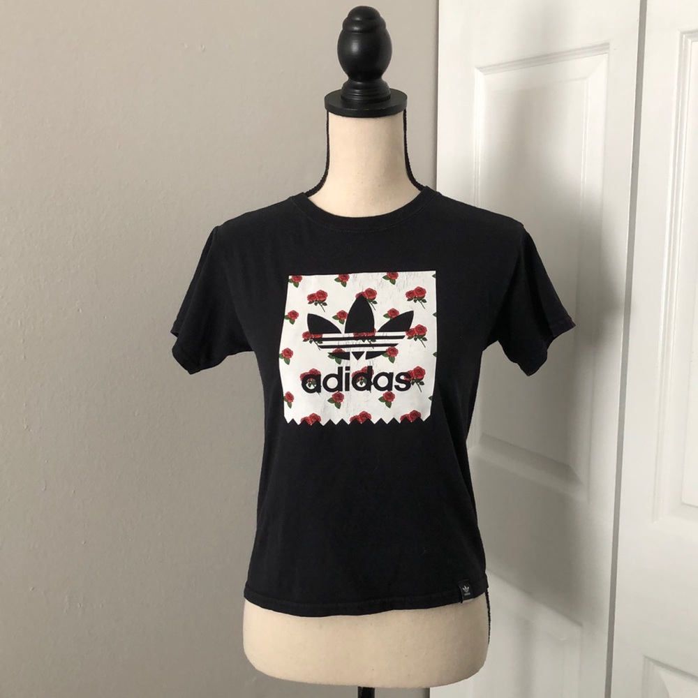 ADIDAS Women Black Rouses Distressed Logo Print Cropped Tee | S